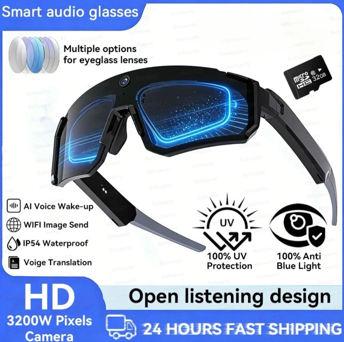 Smart AI Sports Sunglasses with 800W HD Photo Video Bluetooth Call Translation and Anti Glare