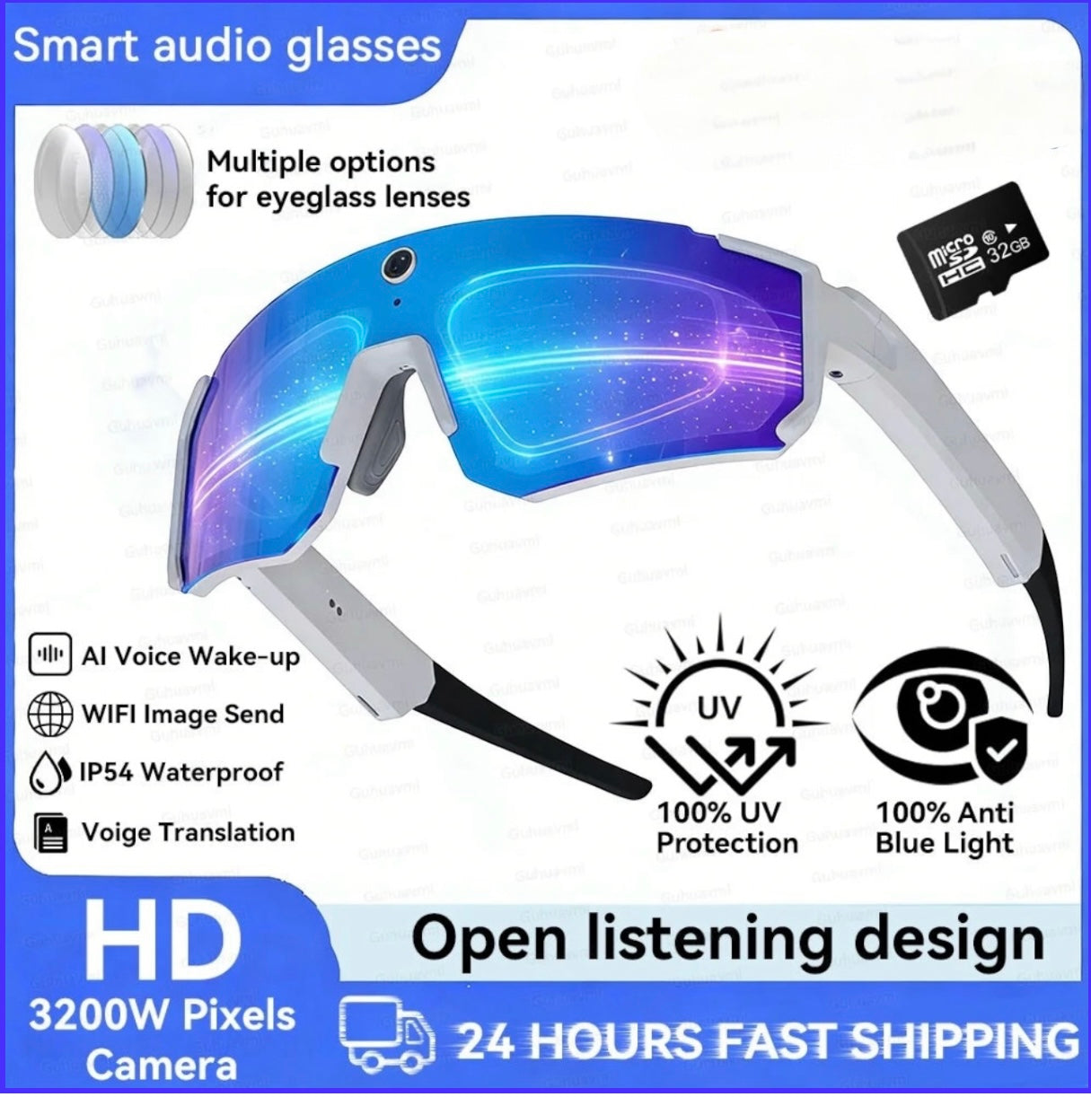 Smart AI Sports Sunglasses with 800W HD Photo Video Bluetooth Call Translation and Anti Glare