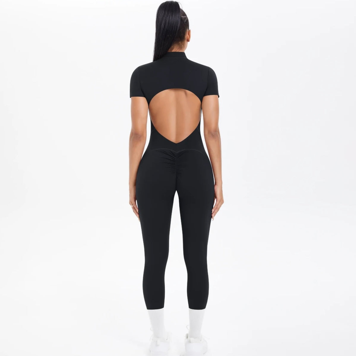 Short Sleeve Backless Fitness One-Piece Jumpsuit, 5 Solid Color With Scrunch & Half Zipper
