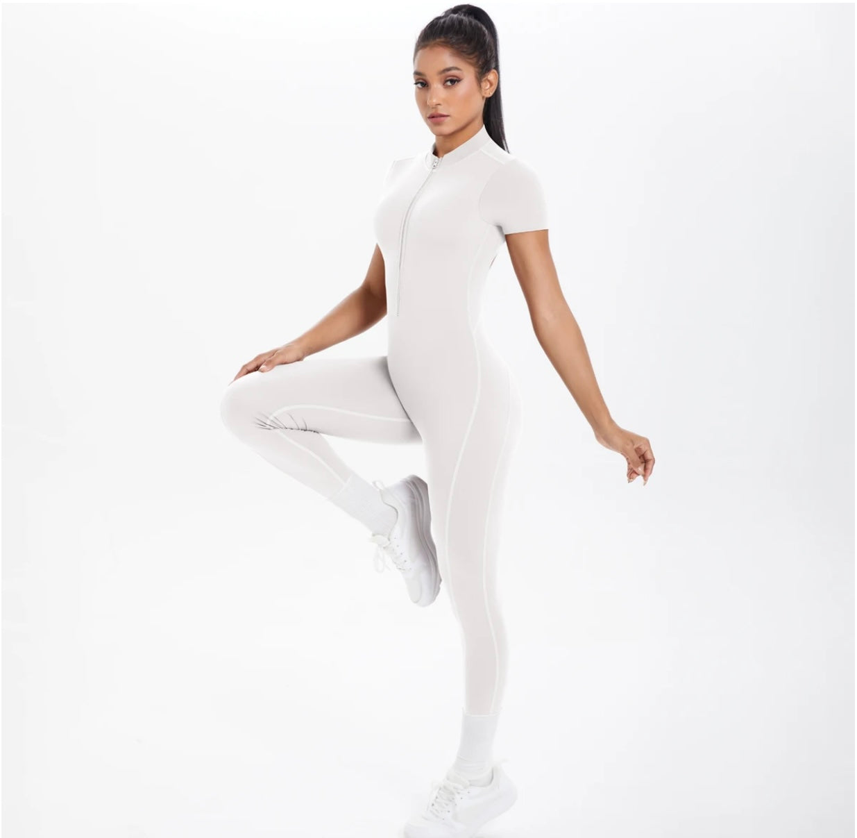 Short Sleeve Backless Fitness One-Piece Jumpsuit, 5 Solid Color With Scrunch & Half Zipper