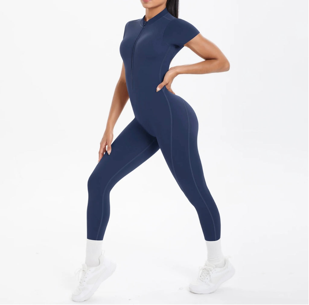 Short Sleeve Backless Fitness One-Piece Jumpsuit, 5 Solid Color With Scrunch & Half Zipper