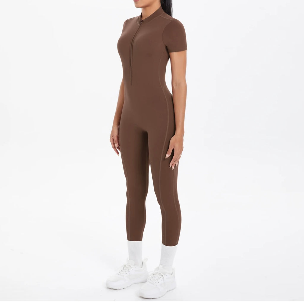 Short Sleeve Backless Fitness One-Piece Jumpsuit, 5 Solid Color With Scrunch & Half Zipper