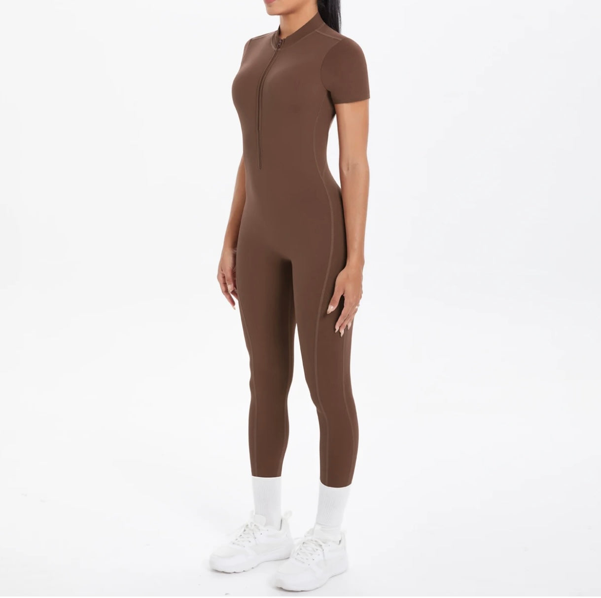 Short Sleeve Backless Fitness One-Piece Jumpsuit, 5 Solid Color With Scrunch & Half Zipper
