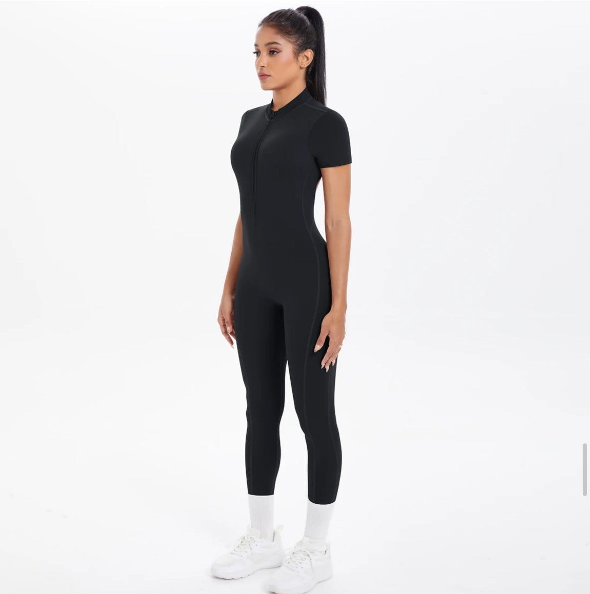 Short Sleeve Backless Fitness One-Piece Jumpsuit, 5 Solid Color With Scrunch & Half Zipper