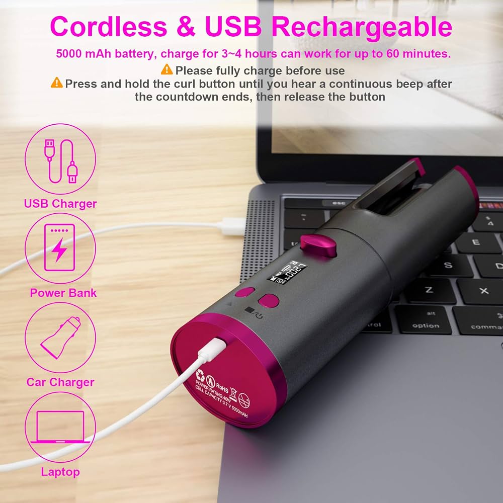 Cordless Automatic Hair Curler – USB Rechargeable Portable Curling Iron with 6 Adjustable Heat Settings for All Hair Types