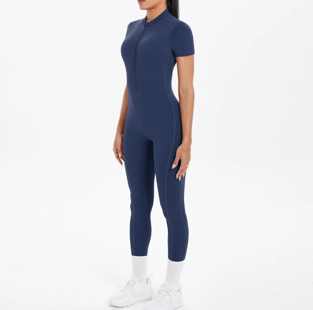 Short Sleeve Backless Fitness One-Piece Jumpsuit, 5 Solid Color With Scrunch & Half Zipper