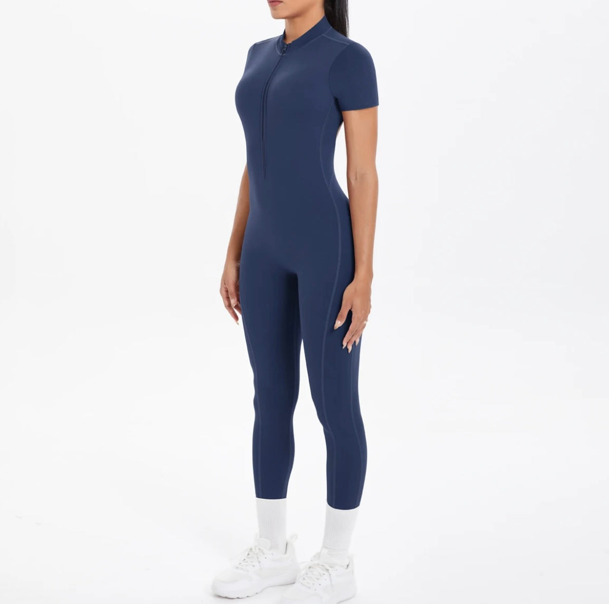 Short Sleeve Backless Fitness One-Piece Jumpsuit, 5 Solid Color With Scrunch & Half Zipper