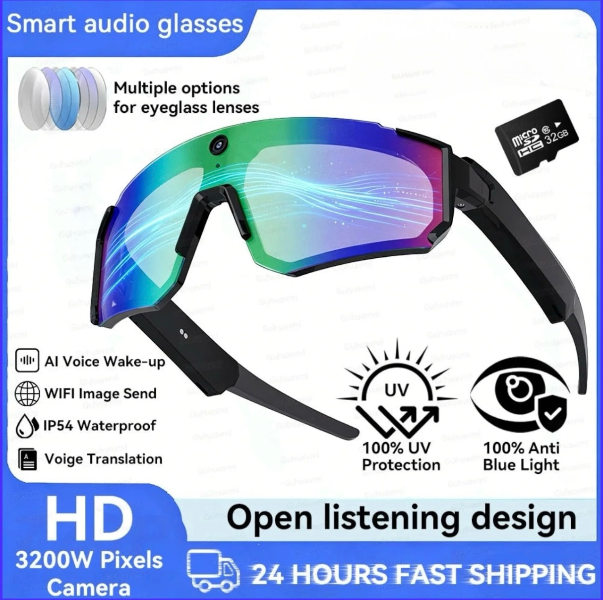Smart AI Sports Sunglasses with 800W HD Photo Video Bluetooth Call Translation and Anti Glare