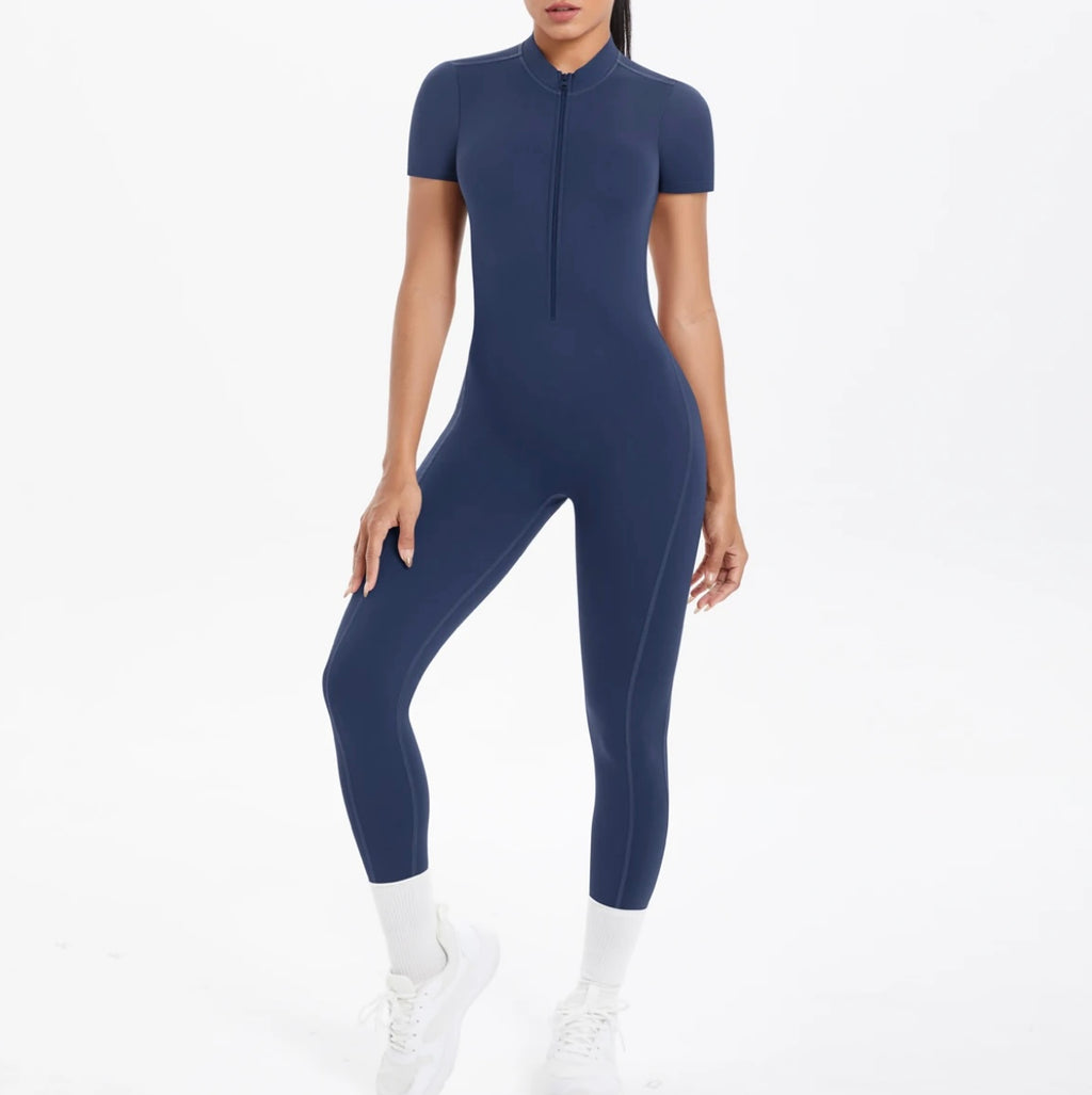 Short Sleeve Backless Fitness One-Piece Jumpsuit, 5 Solid Color With Scrunch & Half Zipper