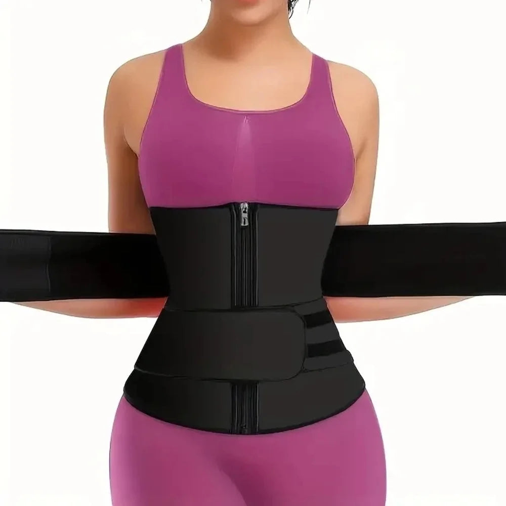 Person wearing a black waist trainer with a purple top and leggings on a white background