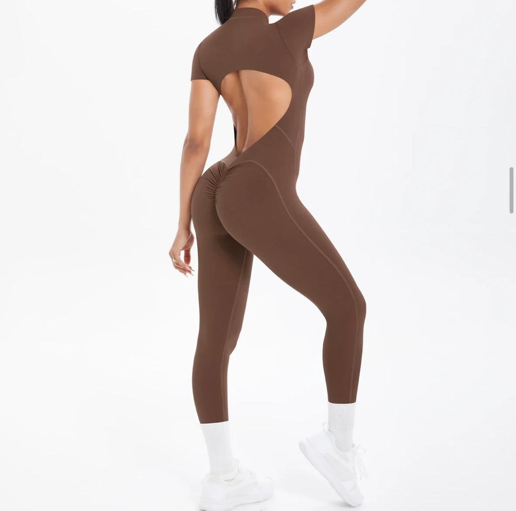 Short Sleeve Backless Fitness One-Piece Jumpsuit, 5 Solid Color With Scrunch & Half Zipper