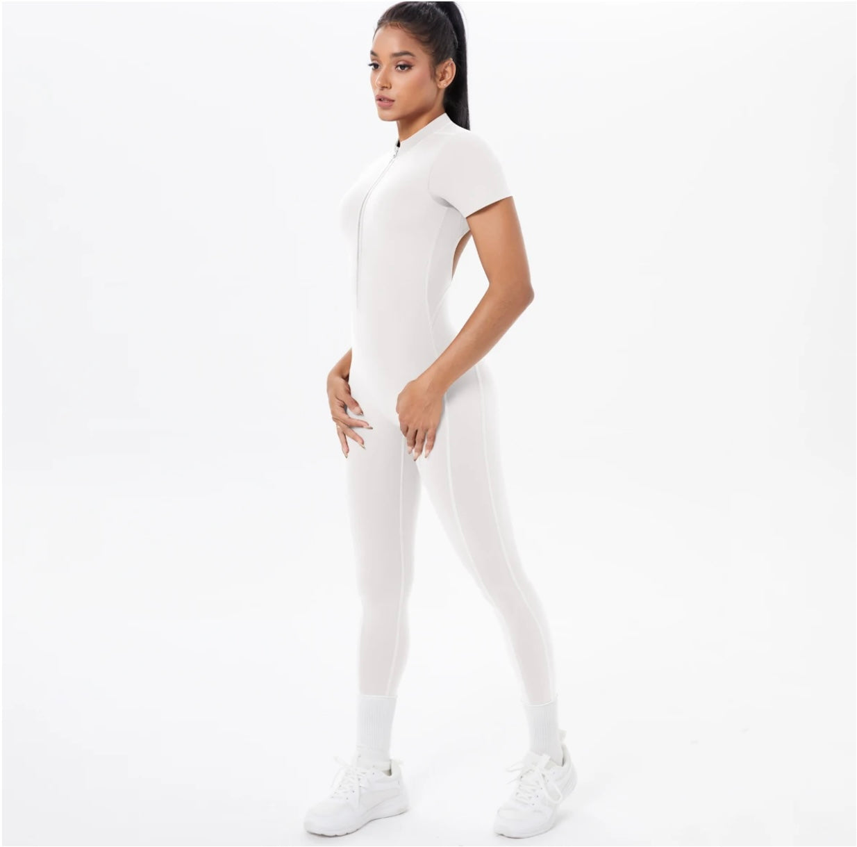 Short Sleeve Backless Fitness One-Piece Jumpsuit, 5 Solid Color With Scrunch & Half Zipper
