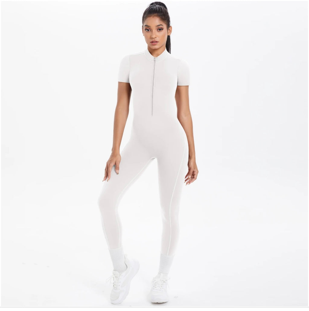 Short Sleeve Backless Fitness One-Piece Jumpsuit, 5 Solid Color With Scrunch & Half Zipper