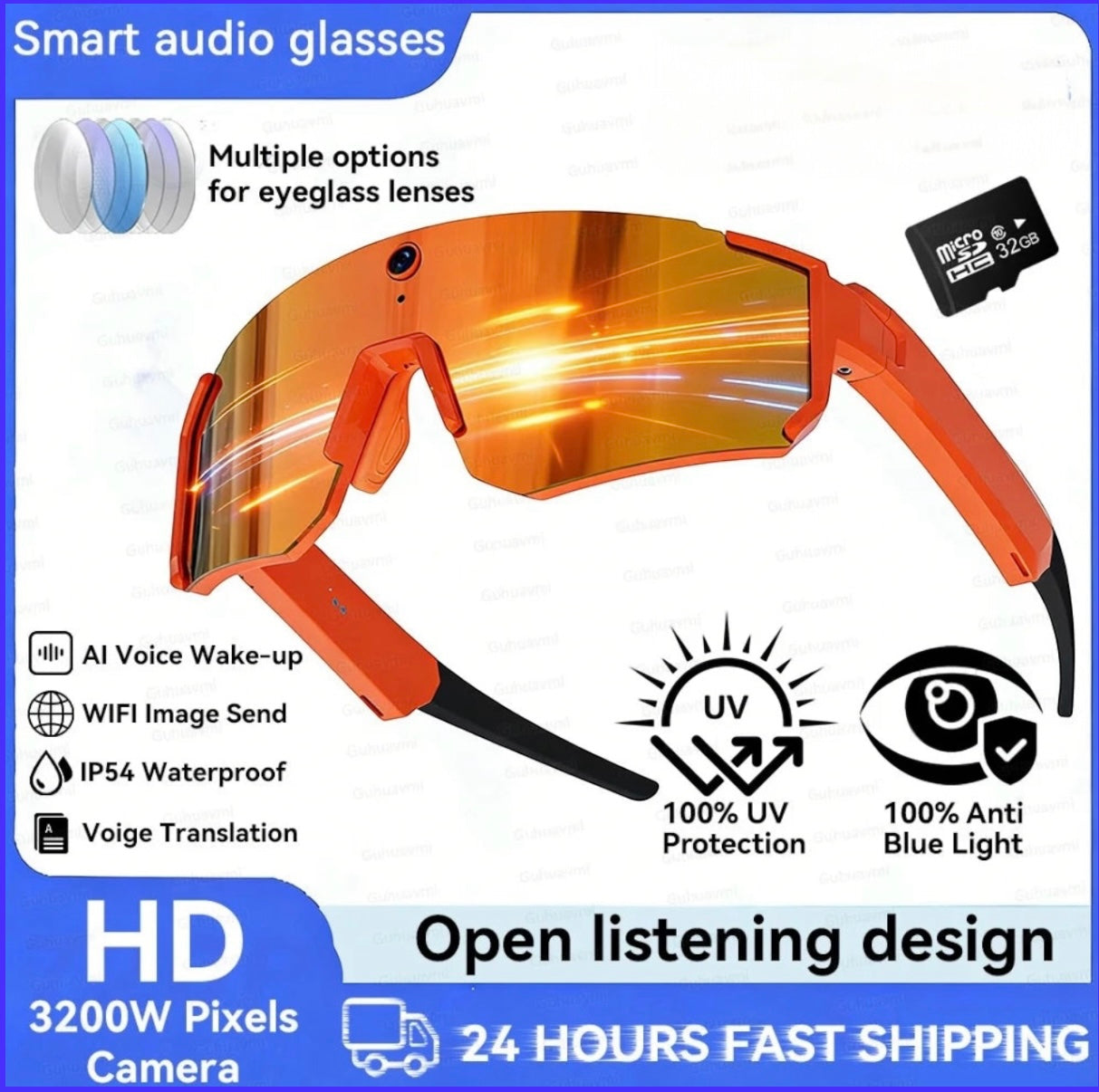 Smart AI Sports Sunglasses with 800W HD Photo Video Bluetooth Call Translation and Anti Glare