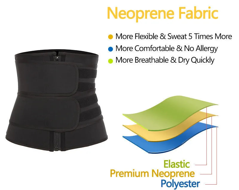 Black neoprene waist trainer with text highlighting benefits on a white background