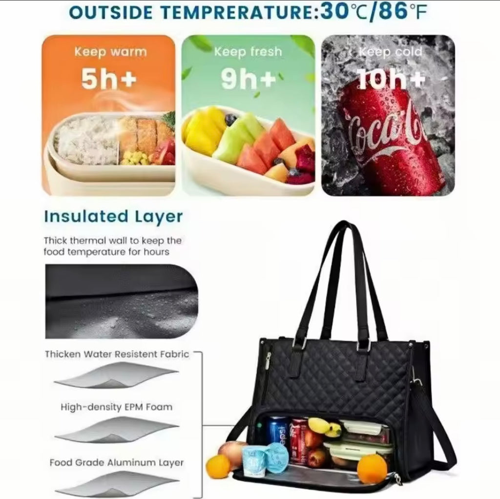 Women’s Quilted Insulated Lunch Tote Bag – Large-Capacity Leak-Proof Crossbody Work & Computer Storage Bag