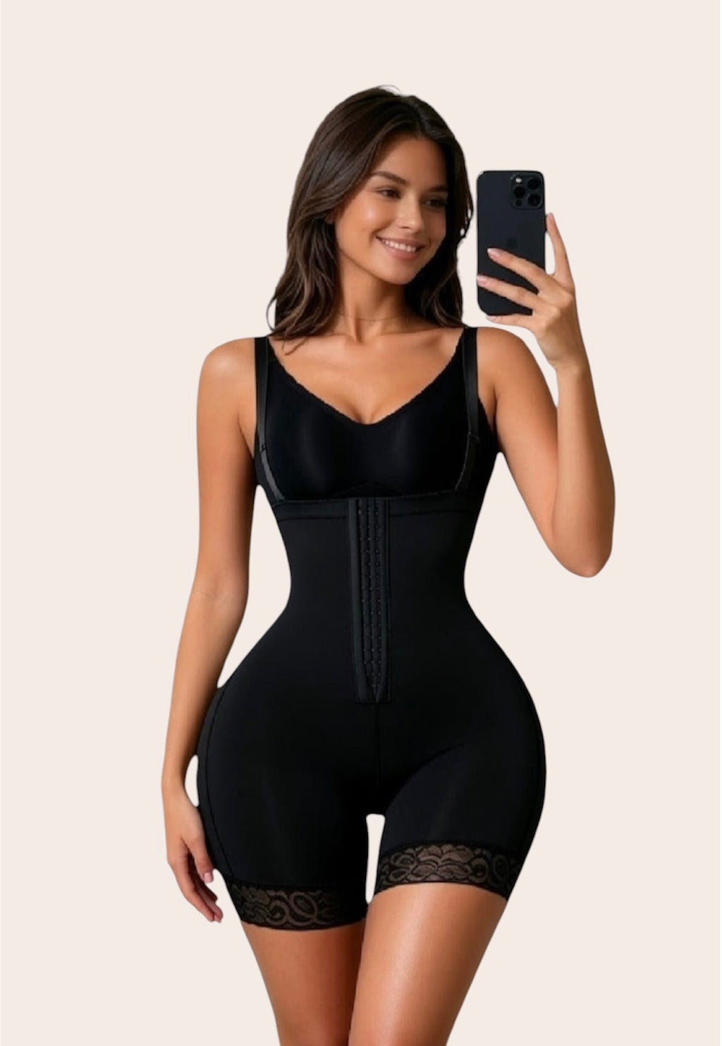 Women’s Black High Compression Faja Bodysuit – Seamless Tummy Control Waist Trainer Shapewear with Lace Trim, Adjustable Straps & Zipper Crotch