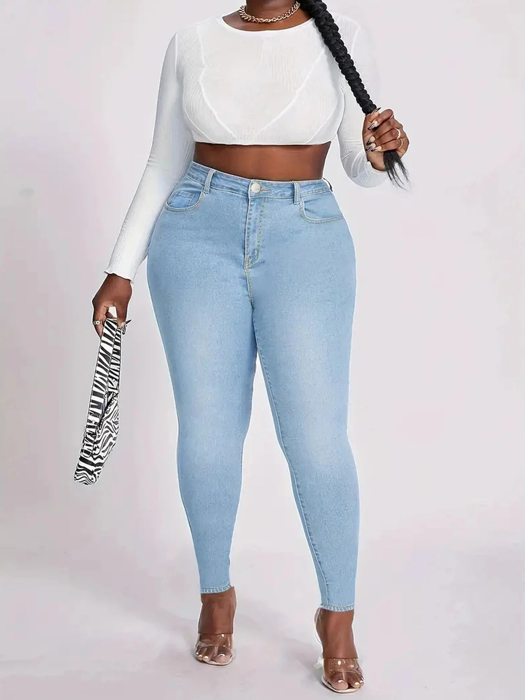 Women’s High-Waisted Light Wash Stretch Skinny Jeans – Slim Fit Denim Pants with Button Zip Closure, Plus Size