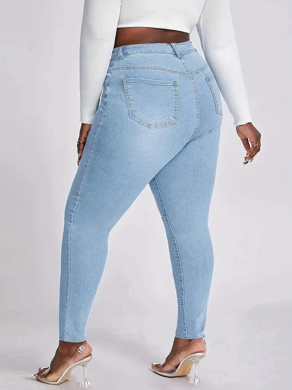 Women’s High-Waisted Light Wash Stretch Skinny Jeans – Slim Fit Denim Pants with Button Zip Closure, Plus Size