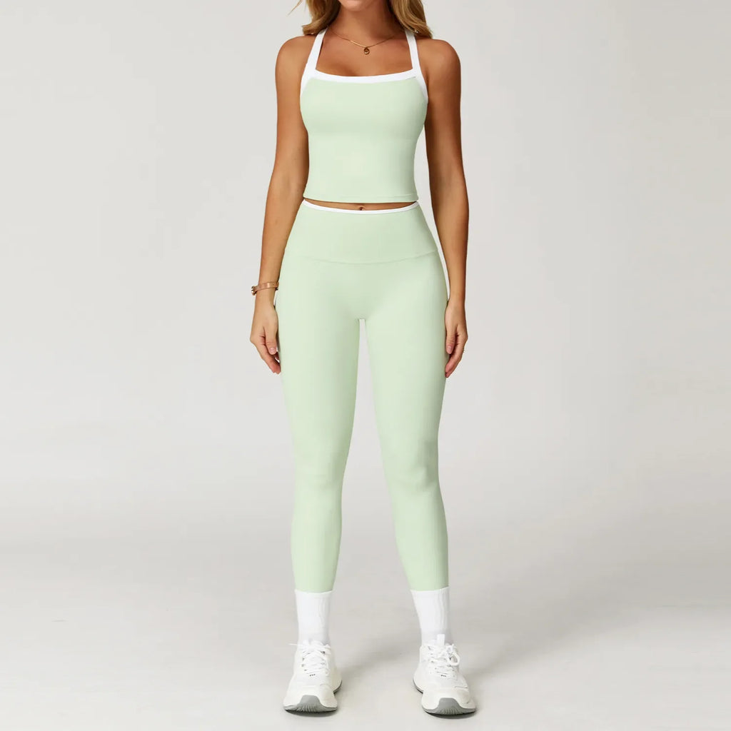 Women Yoga Outfit Sets Two Pieces Long Pants Vest Sport Gym Running Trainer Casual Shorts Elastic High Waist