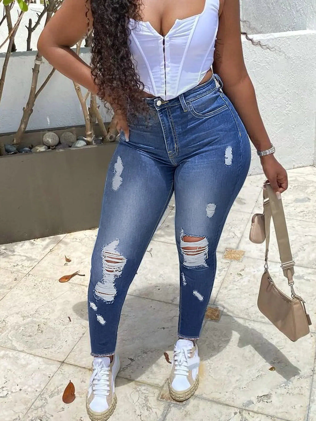 Women’s Plus Size High-Waisted Distressed Skinny Jeans – Stretch Ripped Denim Jeans for Spring & Fall Casual Wear