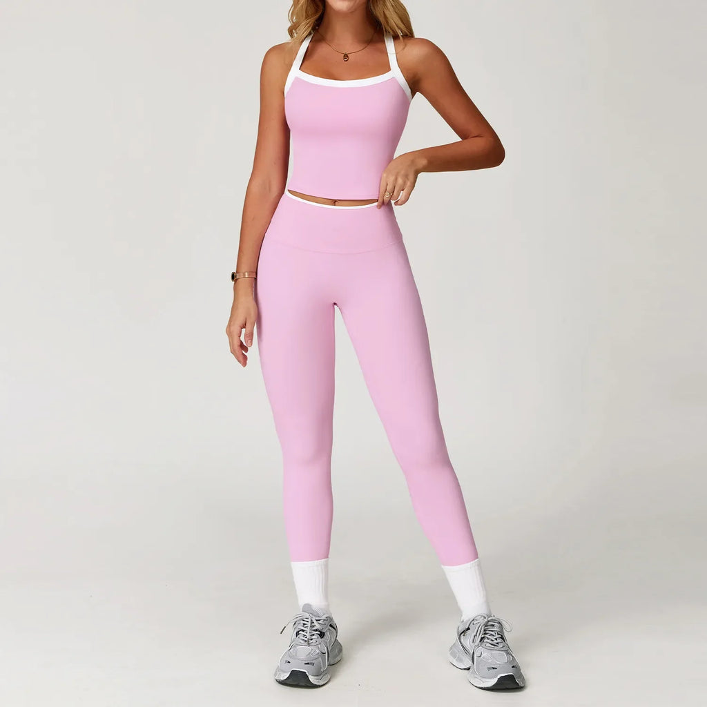 Women Yoga Outfit Sets Two Pieces Long Pants Vest Sport Gym Running Trainer Casual Shorts Elastic High Waist