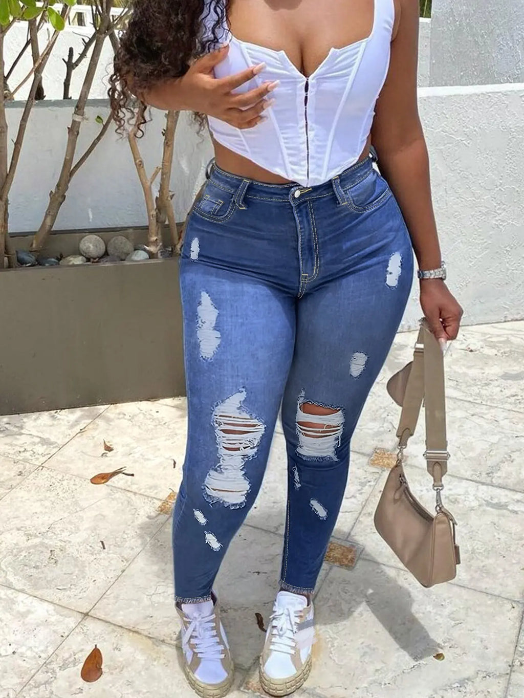 Women’s Plus Size High-Waisted Distressed Skinny Jeans – Stretch Ripped Denim Jeans for Spring & Fall Casual Wear