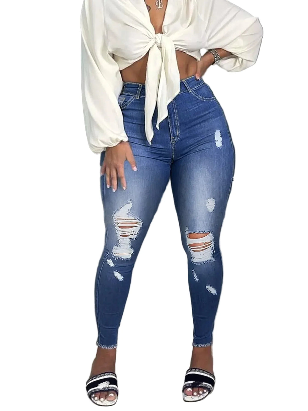 Women’s Plus Size High-Waisted Distressed Skinny Jeans – Stretch Ripped Denim Jeans for Spring & Fall Casual Wear