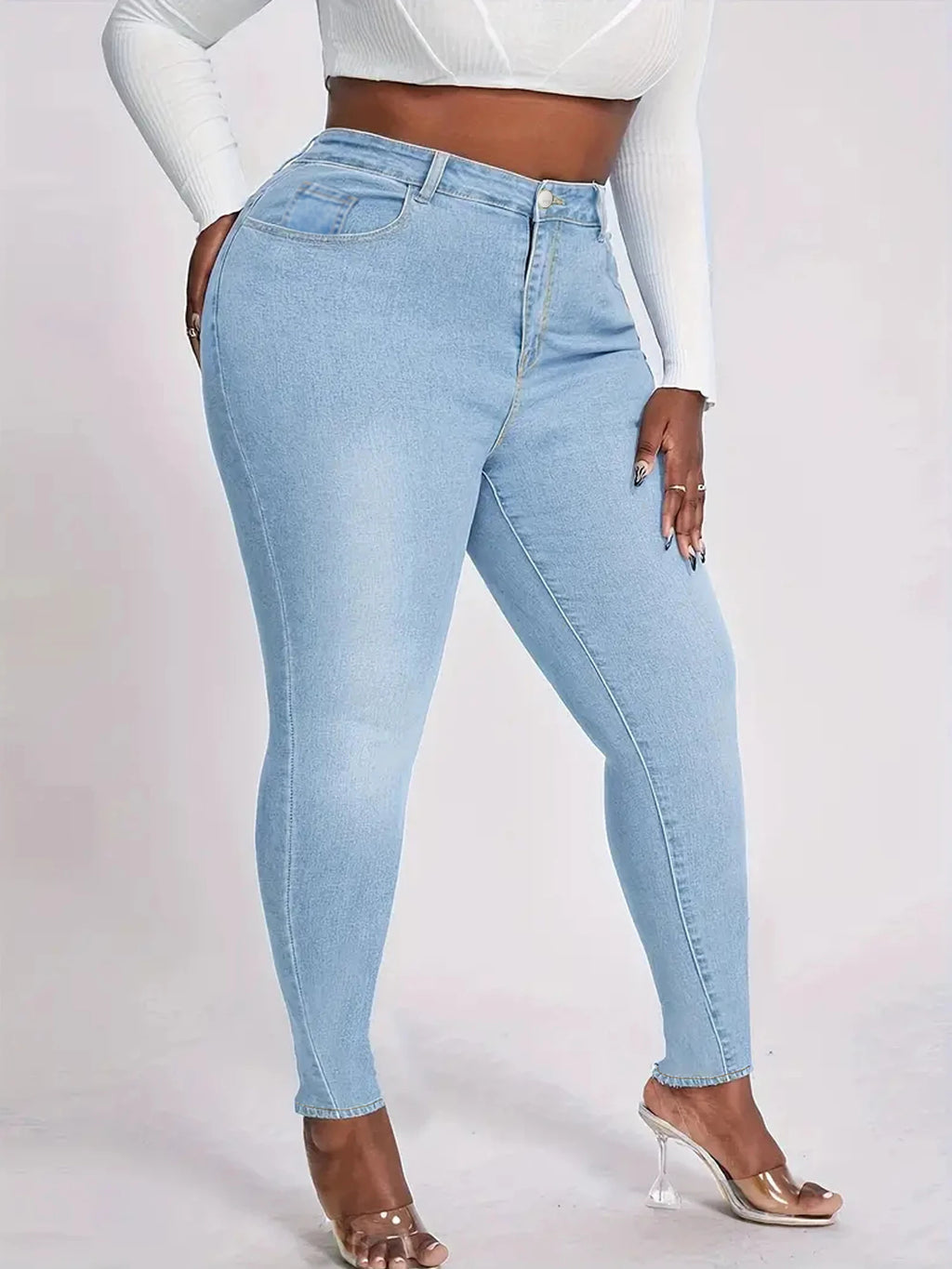 Women’s High-Waisted Light Wash Stretch Skinny Jeans – Slim Fit Denim Pants with Button Zip Closure, Plus Size