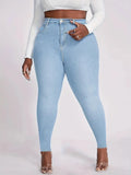 Women’s High-Waisted Light Wash Stretch Skinny Jeans – Slim Fit Denim Pants with Button Zip Closure, Plus Size