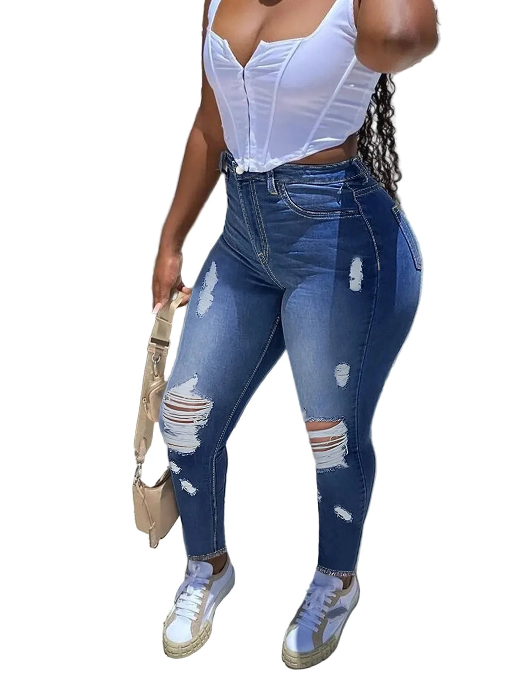 Women’s Plus Size High-Waisted Distressed Skinny Jeans – Stretch Ripped Denim Jeans for Spring & Fall Casual Wear