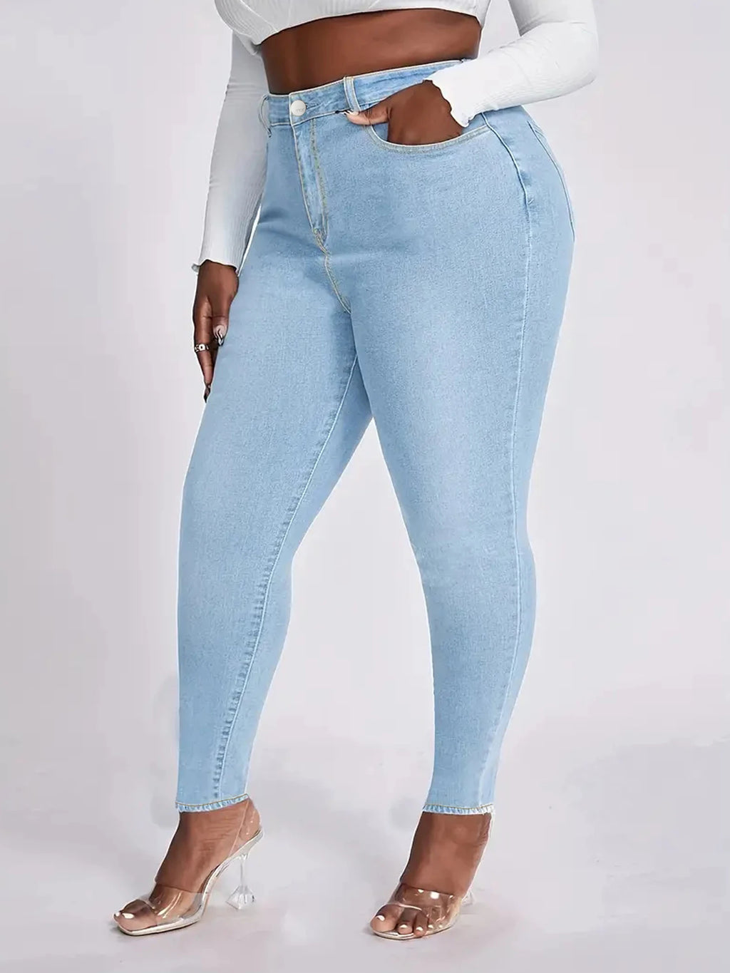 Women’s High-Waisted Light Wash Stretch Skinny Jeans – Slim Fit Denim Pants with Button Zip Closure, Plus Size