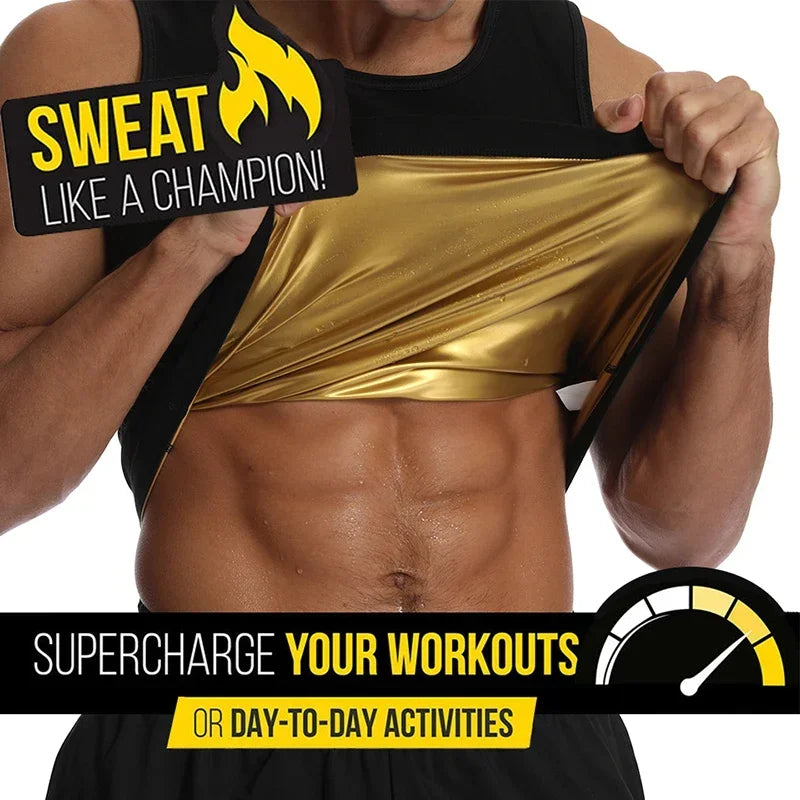 Person wearing a black tank top with a gold shirt underneath, holding it up, with promotional text about workouts and activities.
