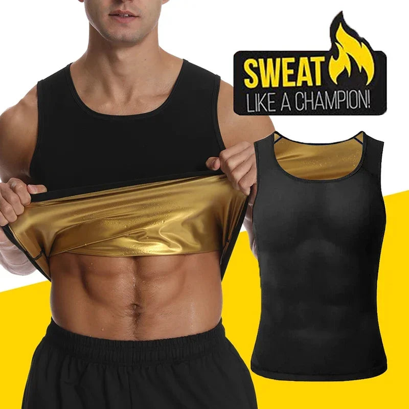 Person wearing a black tank top with a gold inner lining, with a promotional graphic in the corner.