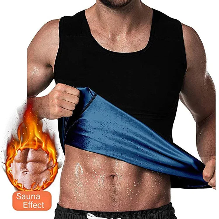 Person wearing a black tank top with a blue sauna effect garment over it, showing a 'sauna effect' graphic.