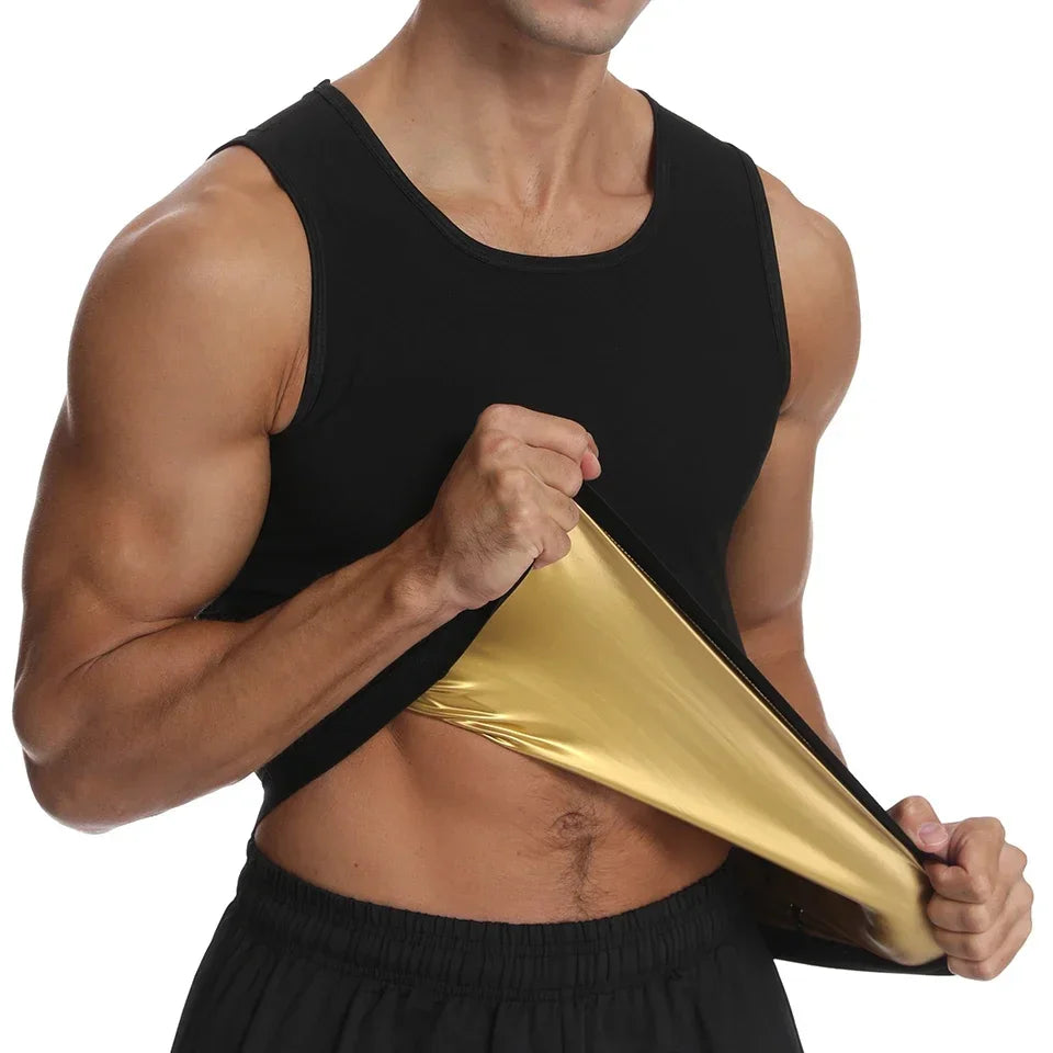 Person wearing a black tank top holding a gold piece workout shirt