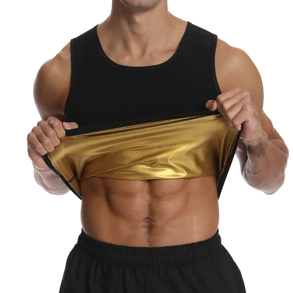 Person wearing a black tank top lifting a gold fabric