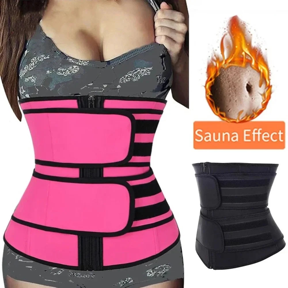 Pink and black waist trainer with sauna effect graphic on a white background