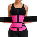 Person wearing a black and pink waist trainer on a white background