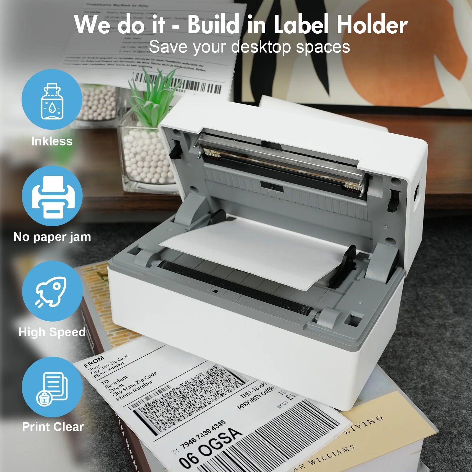 Label printer with label on a desk, highlighting features like inkless, no paper jam, high speed, and print clear.