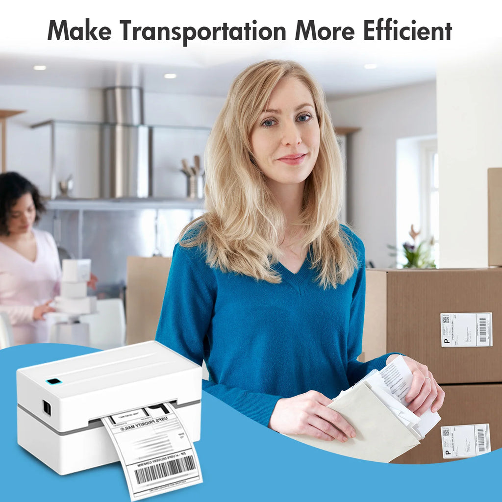 Woman in a kitchen with boxes and a label printer, text 'Make Transportation More Efficient'.