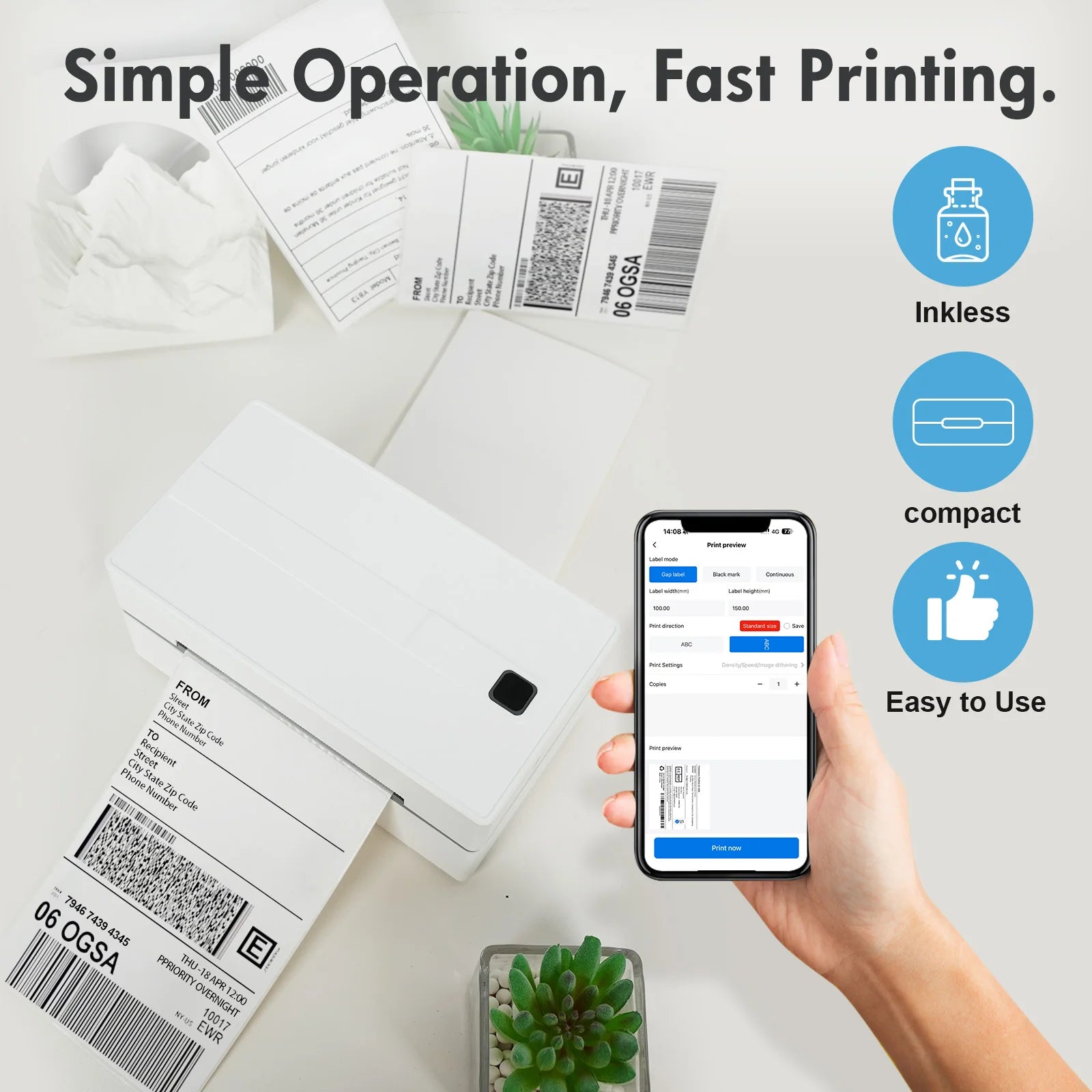 Printing device with smartphone app, labeled 'Simple Operation, Fast Printing', on a light background.