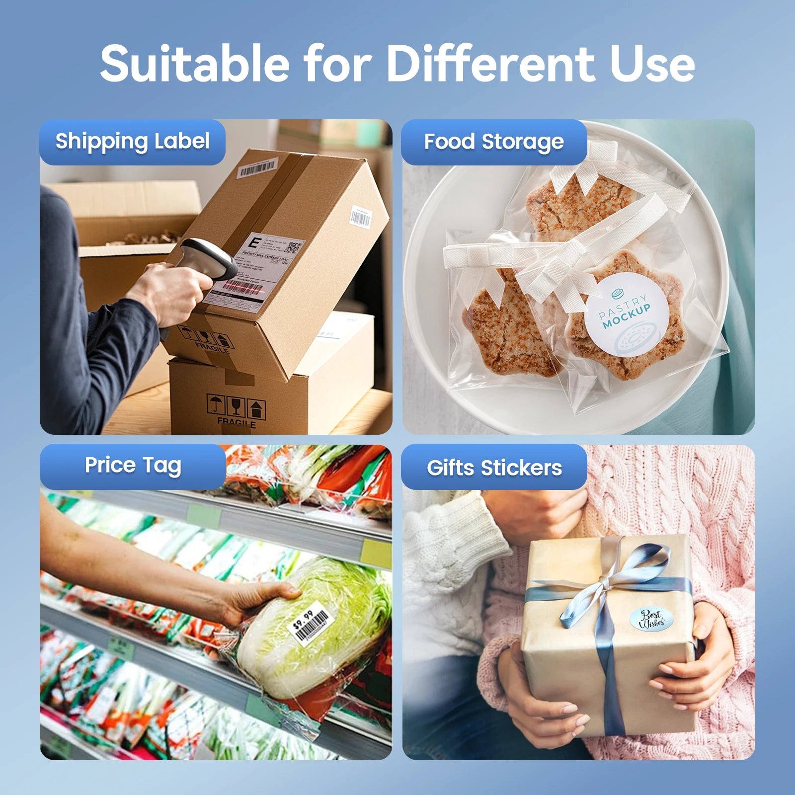 Four scenarios showing the use of labels for shipping, food storage, price tags, and gift stickers on a blue background.