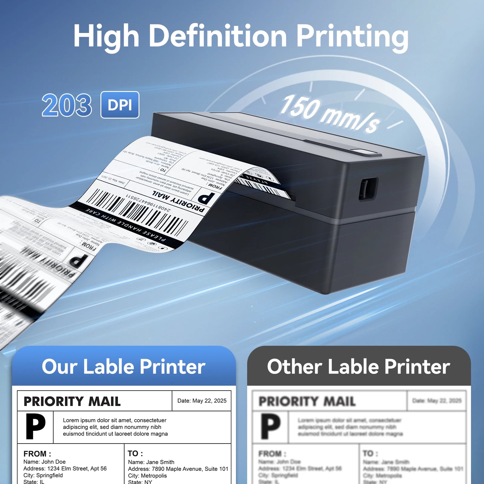 Label printer with high definition printing capabilities on a blue background