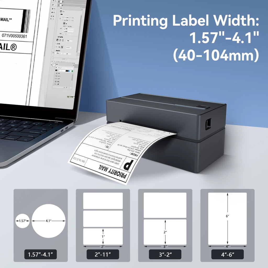Label printer with printed labels and laptop displaying label design software on a desk.