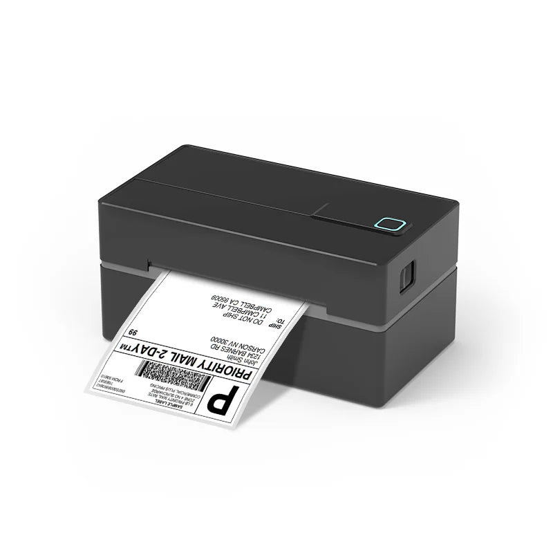 Black label printer with a printed label on a white background