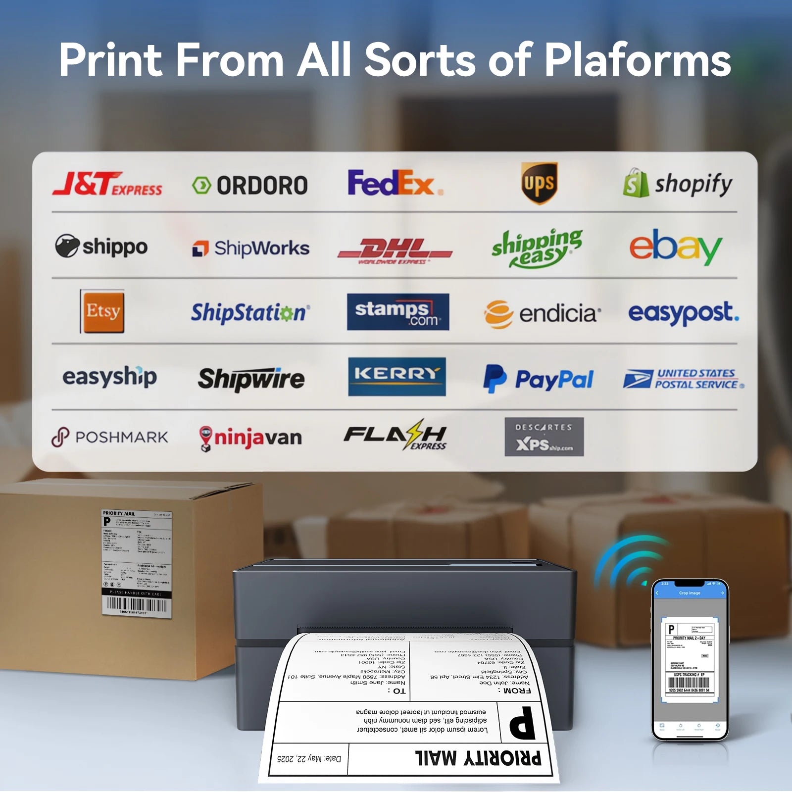 Printer with printed label, smartphone displaying label, and various shipping platform logos on a blurred background.