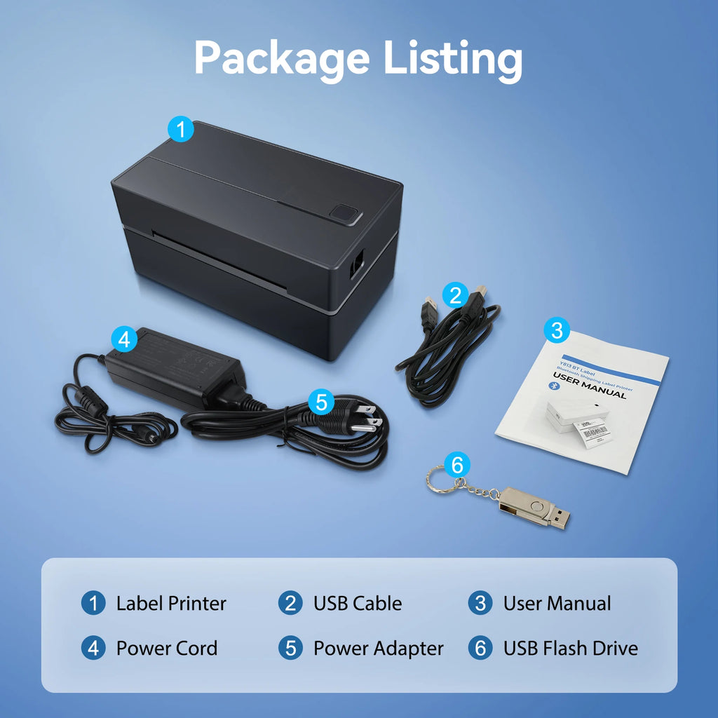 Package listing with label printer, power cord, USB cable, user manual, power adapter, and USB flash drive on a blue background.