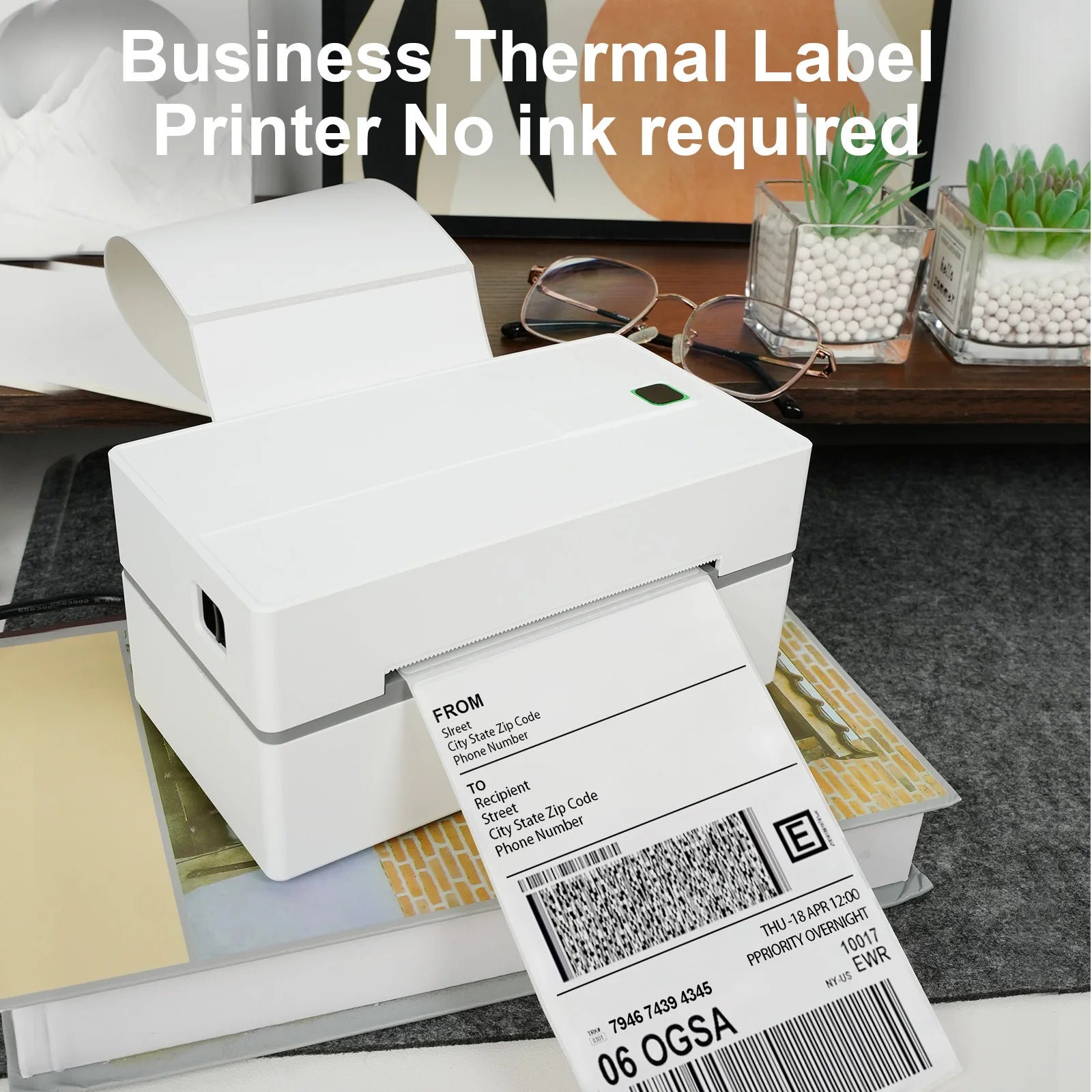 White label printer on a desk with a printed label, text 'Business Thermal Label Printer No ink required'.