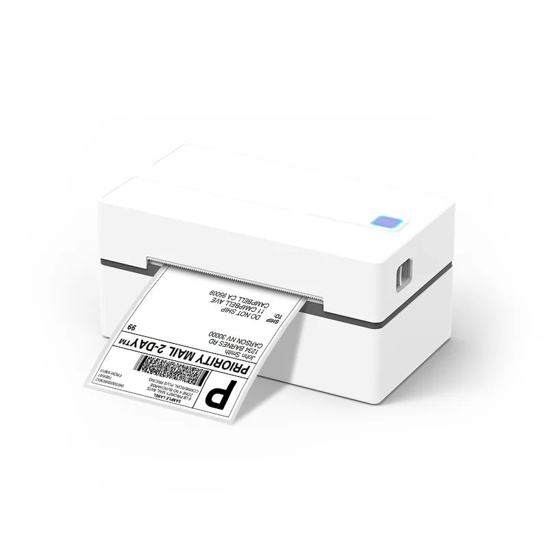 White label printer with a printed label on a white background